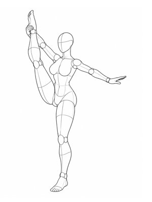 P008 Standing split, leg at shoulder height, ankle held · Three-quarter view