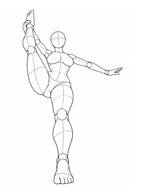 P008 Standing split, leg at shoulder height, ankle held · Low angle