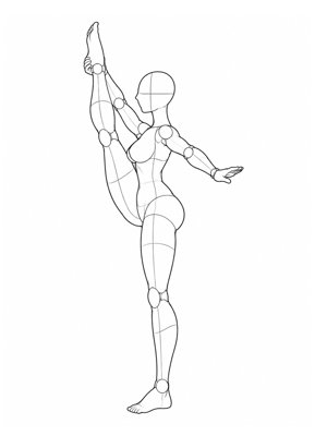 P008 Standing split, leg at shoulder height, ankle held · Side view