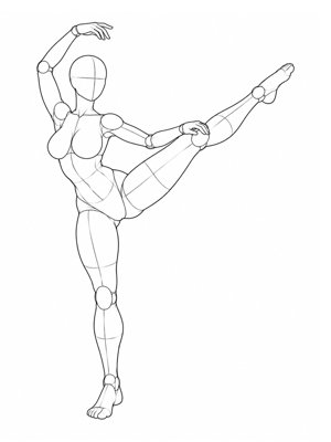 P012 Standing V, one leg raised to the side · Three-quarter view