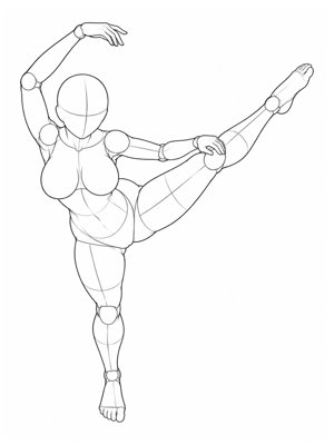 P012 Standing V, one leg raised to the side · High angle