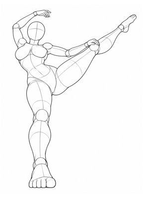 P012 Standing V, one leg raised to the side · Low angle