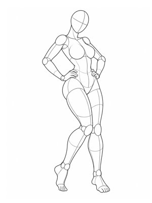 P015 Hands on the hips, one knee in, leaning back · Three-quarter view
