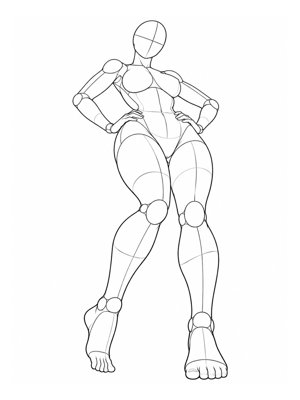 P015 Hands on the hips, one knee in, leaning back · Low angle