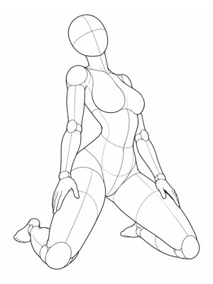 P033 Kneeling with knees wide, hips sunk · Three-quarter view