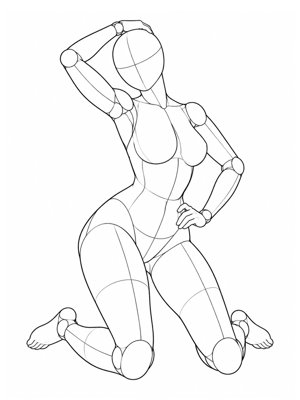 P039 Kneeling, waist twisted, one arm raised · Three-quarter view