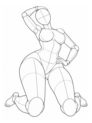 P039 Kneeling, waist twisted, one arm raised · Low angle
