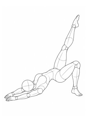 P049 On the back, chest lifted, one leg raised · Three-quarter view