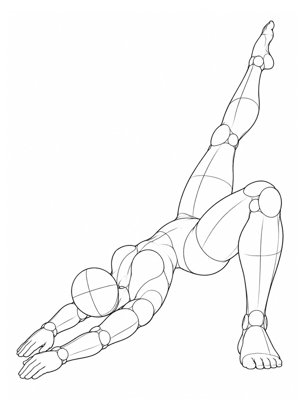 P049 On the back, chest lifted, one leg raised · Low angle