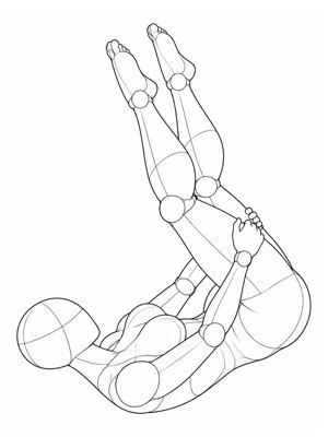 P067 Tucked roll, side view, thighs held · Three-quarter view