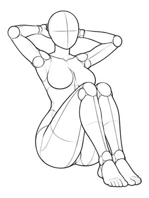 P008 One knee up, hands behind head · Three-quarter view