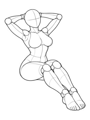 P011 Hands behind head, chest lifted · Three-quarter view