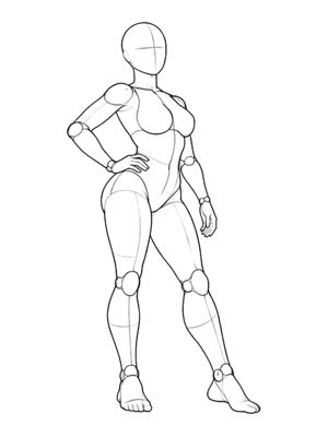P015 Standing contrapposto, hand on hip · Three-quarter view
