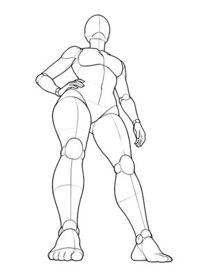 P015 Standing contrapposto, hand on hip · Low angle