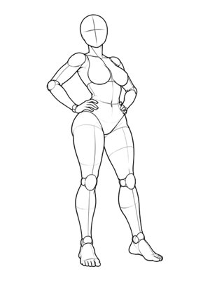 P018 Standing, both hands on hips · Three-quarter view