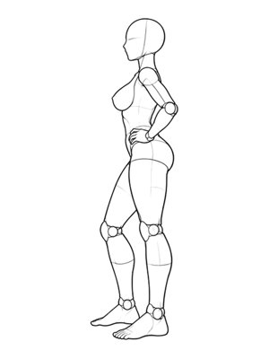 P018 Standing, both hands on hips · Side view