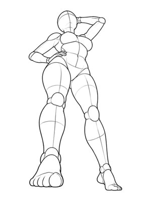 P020 Standing, hand behind the head · Low angle
