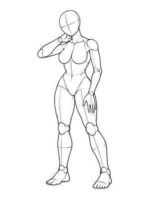 P021 Standing, hand on neck and thigh · Three-quarter view