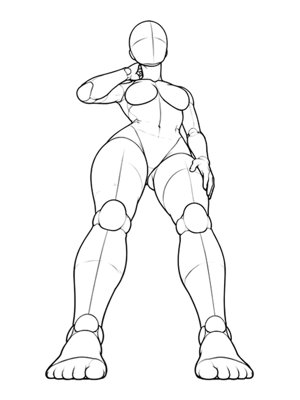 P021 Standing, hand on neck and thigh · Low angle