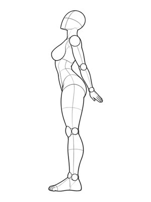 P022 Standing, arms swept back, chest open · Side view