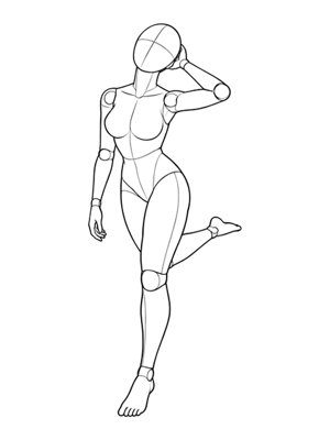 P024 Standing, one leg lifted behind · Three-quarter view