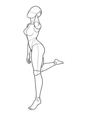 P024 Standing, one leg lifted behind · Side view