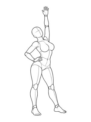 P026 Standing, one arm up, hip pushed out · Three-quarter view
