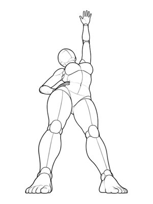 P026 Standing, one arm up, hip pushed out · Low angle