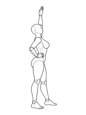 P026 Standing, one arm up, hip pushed out · Side view