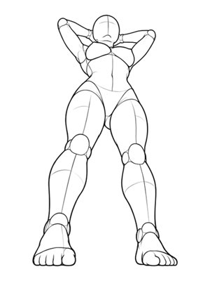P027 Standing, hands on the nape · Low angle