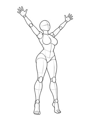 P030 Standing on tiptoe, arms in a V · Three-quarter view