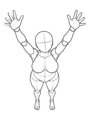 P030 Standing on tiptoe, arms in a V · High angle
