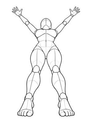 P030 Standing on tiptoe, arms in a V · Low angle