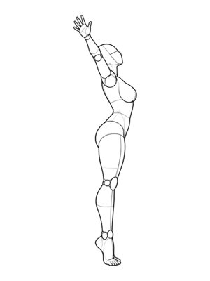 P030 Standing on tiptoe, arms in a V · Side view