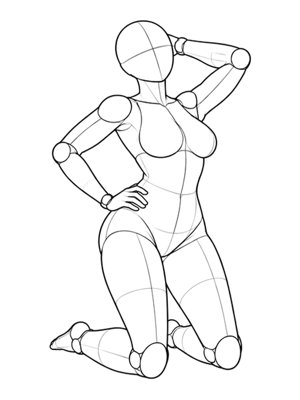 P036 Kneeling, hand in hair and on hip · Three-quarter view