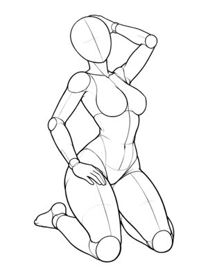 P040 Kneeling, hip out, one arm raised · Three-quarter view