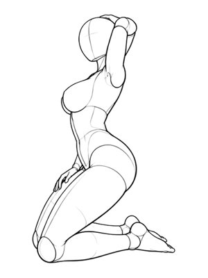 P040 Kneeling, hip out, one arm raised · Side view
