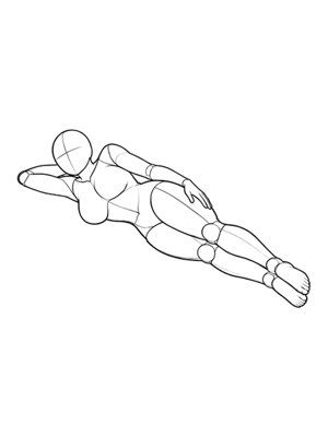 P057 Lying on side, one arm overhead · Three-quarter view