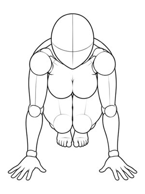 P065 Crouching on tiptoe, both hands down · High angle