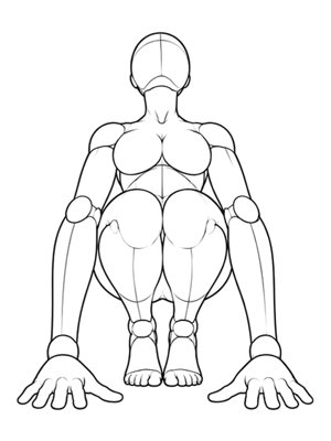 P065 Crouching on tiptoe, both hands down · Low angle