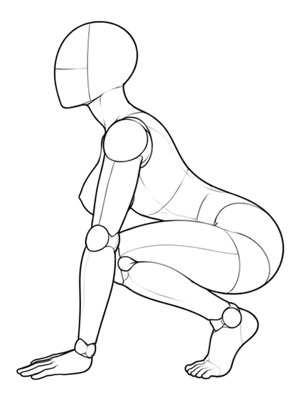 P065 Crouching on tiptoe, both hands down · Side view
