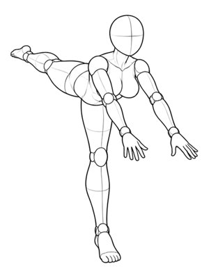 P072 Leaning forward, one leg lifted back · Three-quarter view