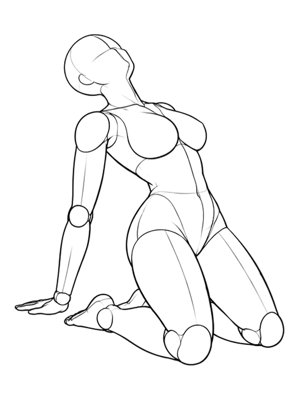 P074 Kneeling, hands behind, arching back · Three-quarter view