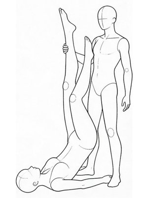 P003 Ankles raised, legs in a V · Three-quarter view