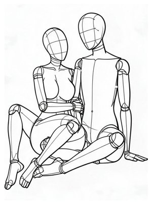P008 Legs entwined, hands clasped · Three-quarter view