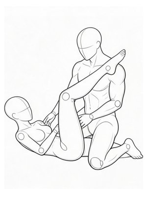 P047 Legs crossed, one leg over the shoulder · Three-quarter view