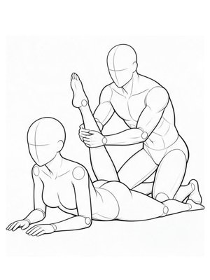 P048 Face down, one leg lifted · Three-quarter view
