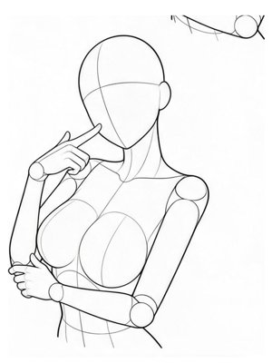 P014 Index finger poking the cheek · Three-quarter view