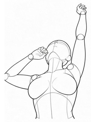 P023 Yawning stretch, one hand to the mouth · Low angle