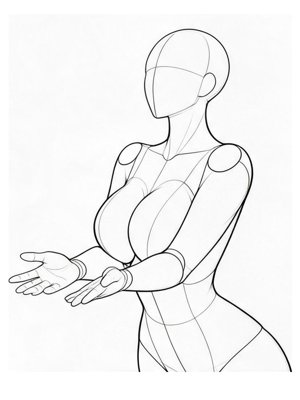 P028 Elbows framing the chest, torso twisted · Three-quarter view